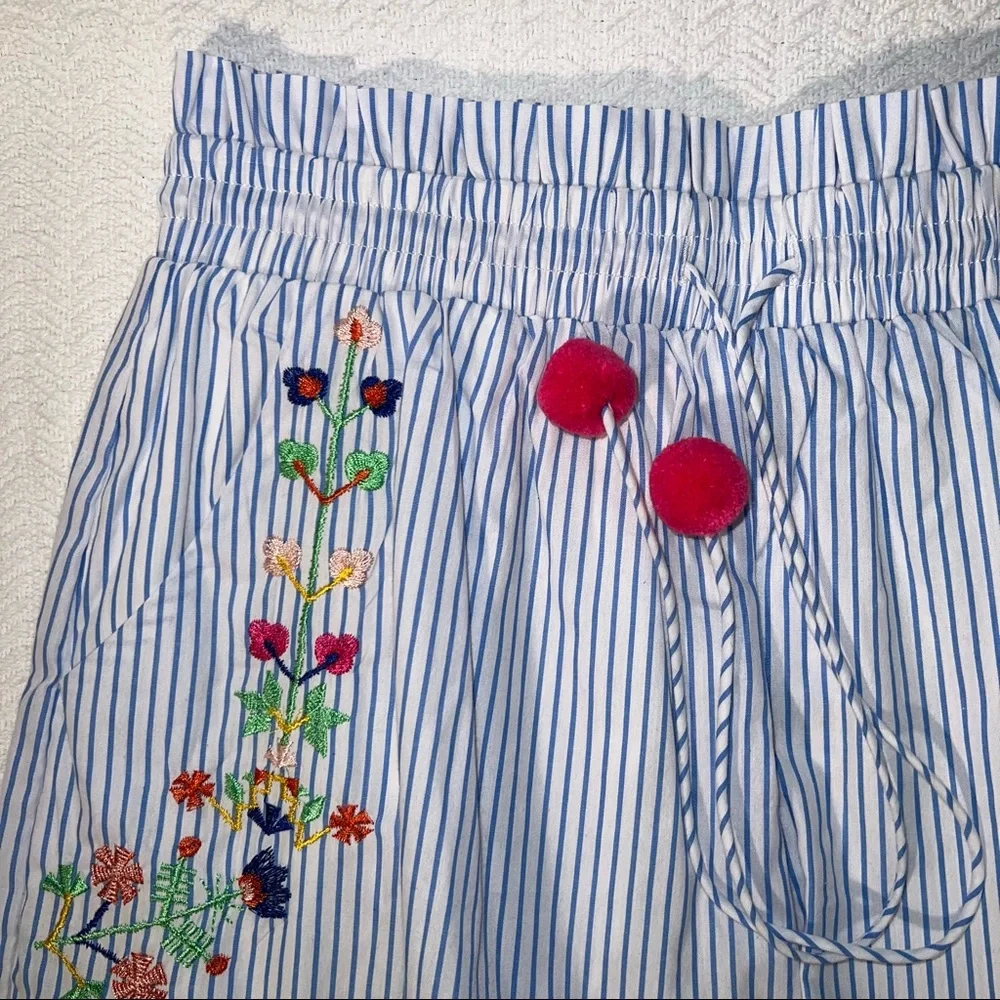 hazel Blue & White Striped Embroidered Pom Pom Shorts